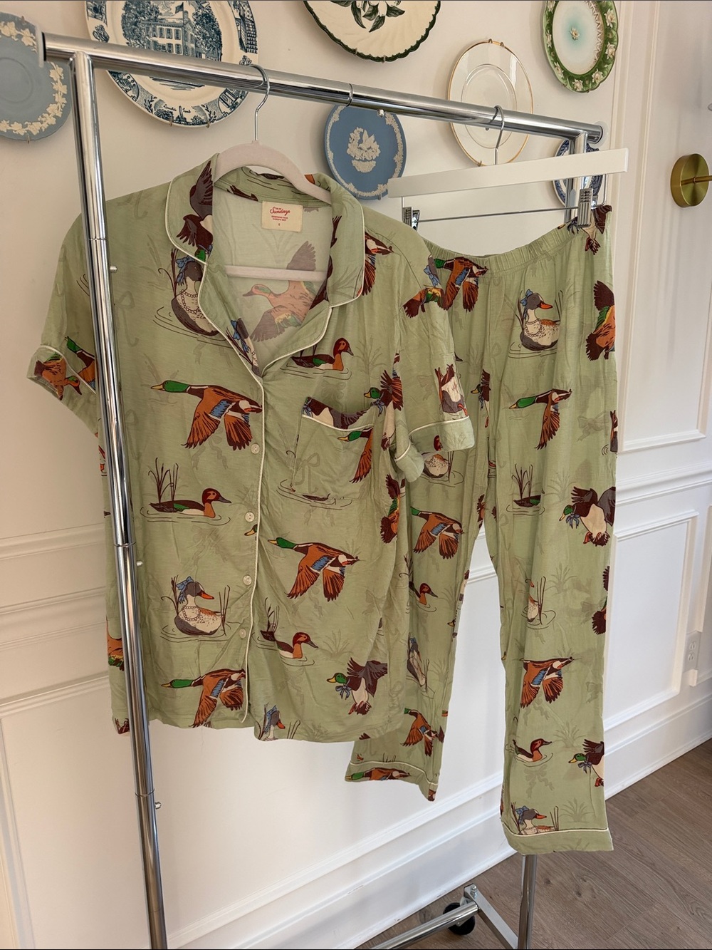 In My Sundays Fancy Fowl Duck-Print Crop Pant Pajama Set - Sage Green